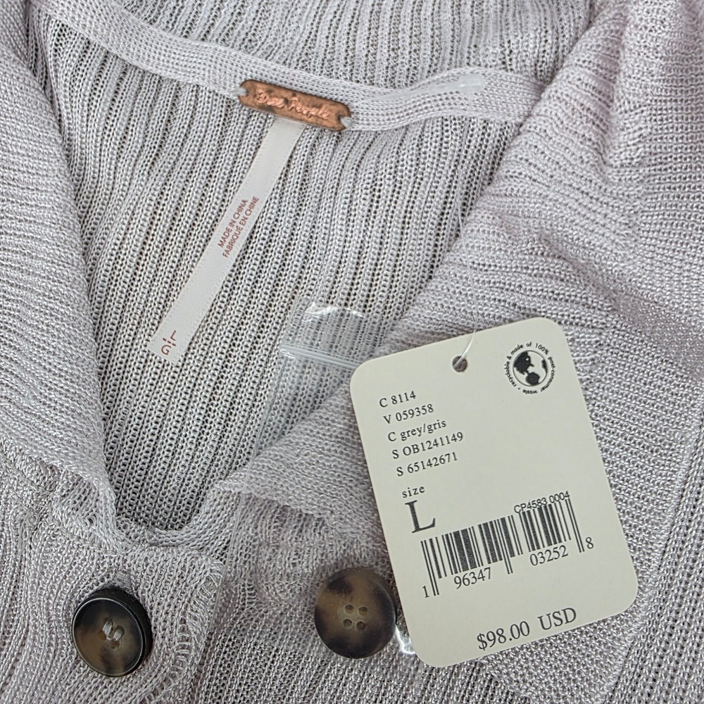 NWT Free People Grey Ribbed Sheer Knit Button Front Cardigan Womens L - Picture 3 of 8